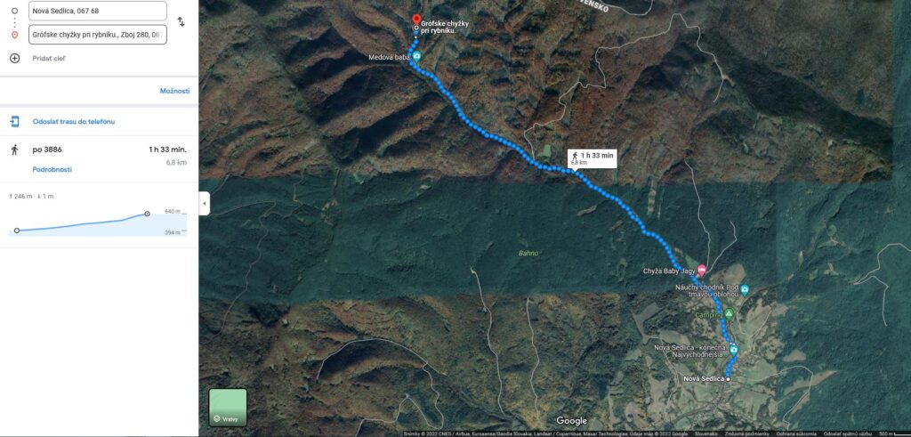 mapa s trasou ku lokalite (vzdialenost 6,8 km a čas 1 hodina 33 minút)