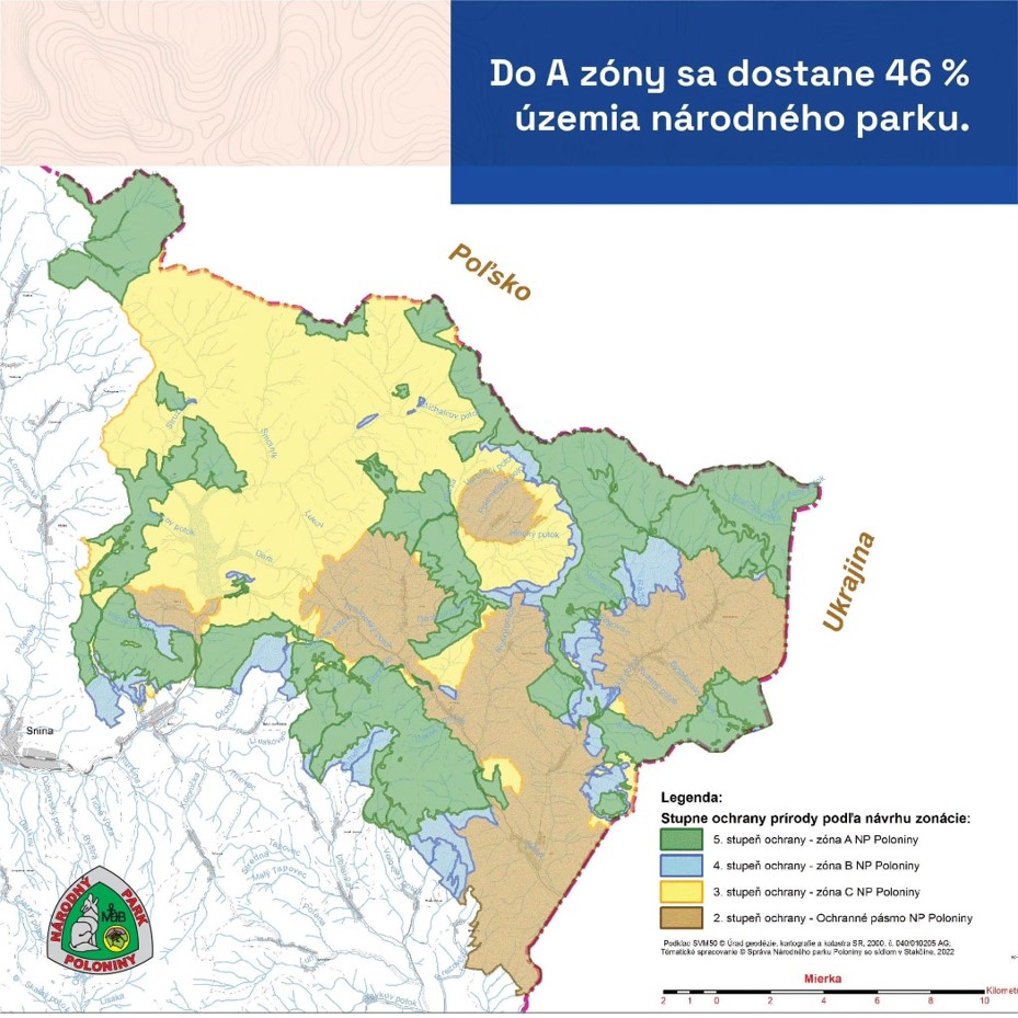 mapa NP Poloniny podľa návrhu zonácie, kde v A zóne je 46% územia NP